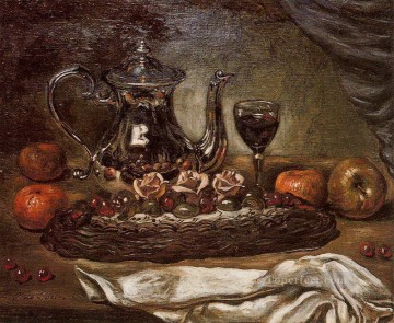 静物 Painting - 銀のティーポットと皿の上のケーキ ジョルジョ・デ・キリコの静物画 印象派